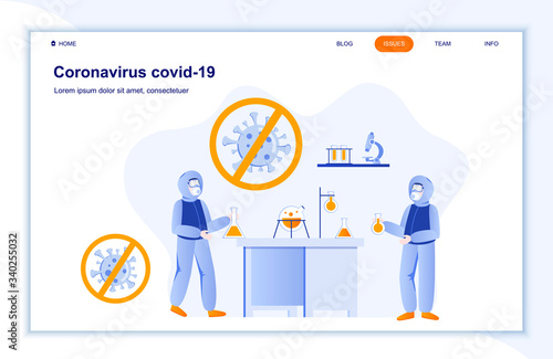 Coronavirus covid-19 flat landing page. Epidemiologist in hazmat suit work in lab. Covid-19 pandemic vector illustration. Laboratory research and vaccine development. Coronavirus prevention and safety