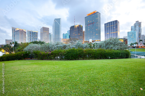 Bayfront Park and downtown city skyline at dusk, Miami, Florida, United States