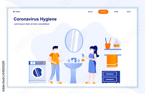 Coronavirus hygiene flat landing page. Couple in bathroom disinfecting hands with soap and antiseptics. Virus protection health practice. Covid-19 pandemic prevention and safety vector illustration.