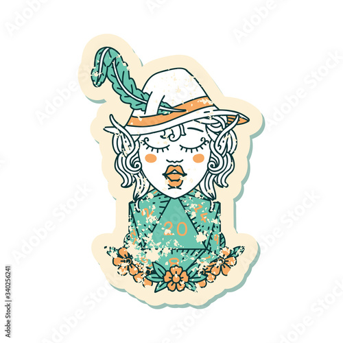 elf bard character with natural twenty dice roll illustration