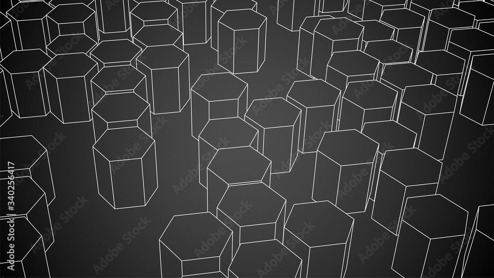 Hexagon Black Background. Hexagonal wireframe structure with missing parts. Random 3d mosaic. White thin line structure. Technology banner template. Chemistry concept. Stock vector illustration