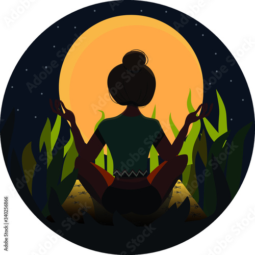 Flat illustration of a girl in the lotus position with her back, which is meditating against the background of the moon around the grass at night in the form of a circle.
