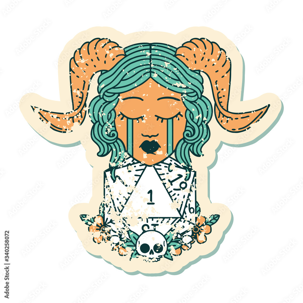crying tiefling with natural one D20 dice roll grunge sticker crying tiefling with natural one D20 dice roll grunge sticker