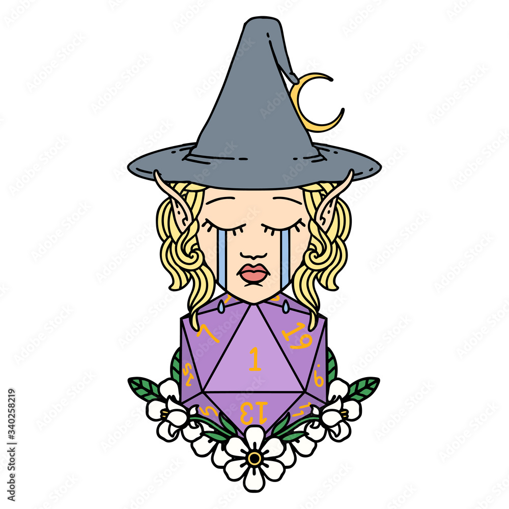 crying elf witch with natural one D20 roll illustration crying elf witch with natural one D20 roll illustration