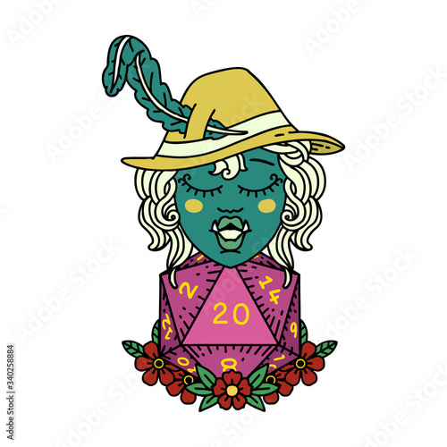half orc bard with natural twenty dice roll  illustration