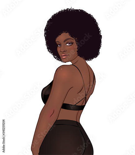 Beautiful woman with long wavy hair flowing in the wind. Hair salon concept. vector illustration isolated. Portrait of a young African American woman. Glamour Fashion concept.