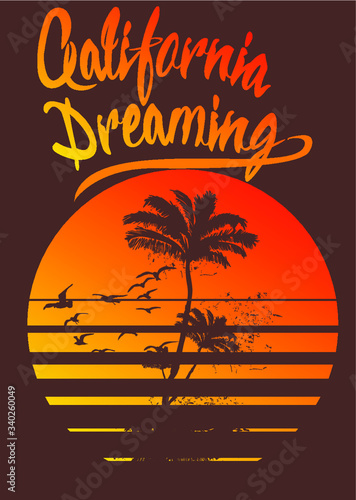 California dream palm and sunset birds tshirt print and embroidery graphic design vector art
