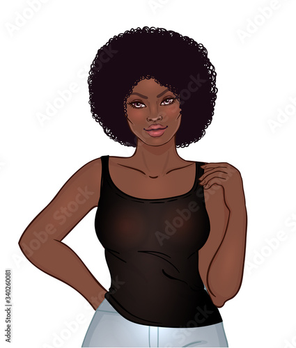 Beautiful woman with long wavy hair flowing in the wind. Hair salon concept. vector illustration isolated. Portrait of a young African American woman. Glamour Fashion concept.