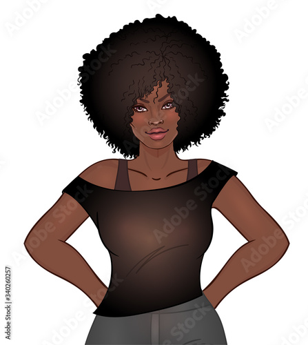 Beautiful woman with long wavy hair flowing in the wind. Hair salon concept. vector illustration isolated. Portrait of a young African American woman. Glamour Fashion concept.