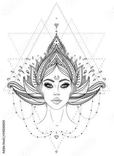 Tribal Fusion Boho Diva. Beautiful Asian divine girl with ornate crown, kokos...