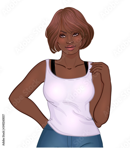 Beautiful woman with long wavy hair flowing in the wind. Hair salon concept. vector illustration isolated. Portrait of a young African American woman. Glamour Fashion concept.