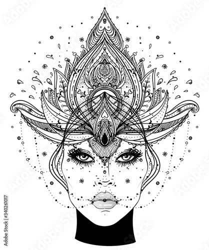Tribal Fusion Boho Diva. Beautiful Asian divine girl with ornate crown, kokoshnik inspired. Bohemian goddess. Hand drawn elegant illustration. Lotus flower, ethnic art, patterned Indian paisley.