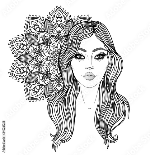 Tribal Fusion Boho Diva. Beautiful Asian divine girl with ornate crown, kokoshnik inspired. Bohemian goddess. Hand drawn elegant illustration. Lotus flower, ethnic art, patterned Indian paisley.