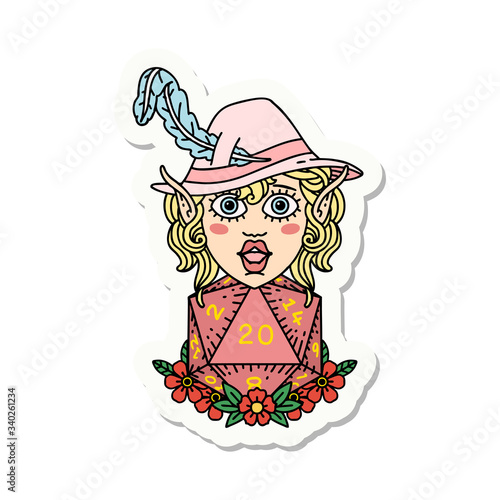 elf bard character with natural twenty dice roll sticker