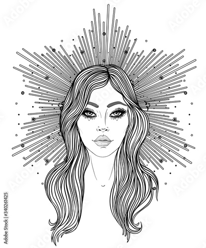 Madonna, Lady of Sorrow. Devotion to the Immaculate Heart of Blessed Virgin Mary, Queen of Heaven. Vector illustration isolated on white. Coloring book for adults. Tattoo design.