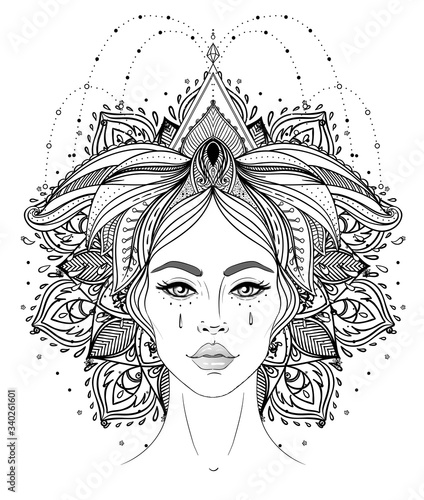 Tribal Fusion Boho Diva. Beautiful Asian divine girl with ornate crown, kokoshnik inspired. Bohemian goddess. Hand drawn elegant illustration. Lotus flower, ethnic art, patterned Indian paisley.