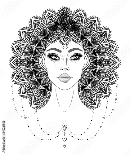 Tribal Fusion Boho Diva. Beautiful Asian divine girl with ornate crown, kokoshnik inspired. Bohemian goddess. Hand drawn elegant illustration. Lotus flower, ethnic art, patterned Indian paisley.