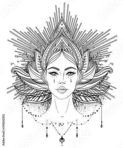 Tribal Fusion Boho Diva. Beautiful Asian divine girl with ornate crown, kokoshnik inspired. Bohemian goddess. Hand drawn elegant illustration. Lotus flower, ethnic art, patterned Indian paisley.