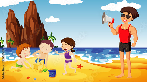 Ocean scene with many children and one lifeguard with speaker