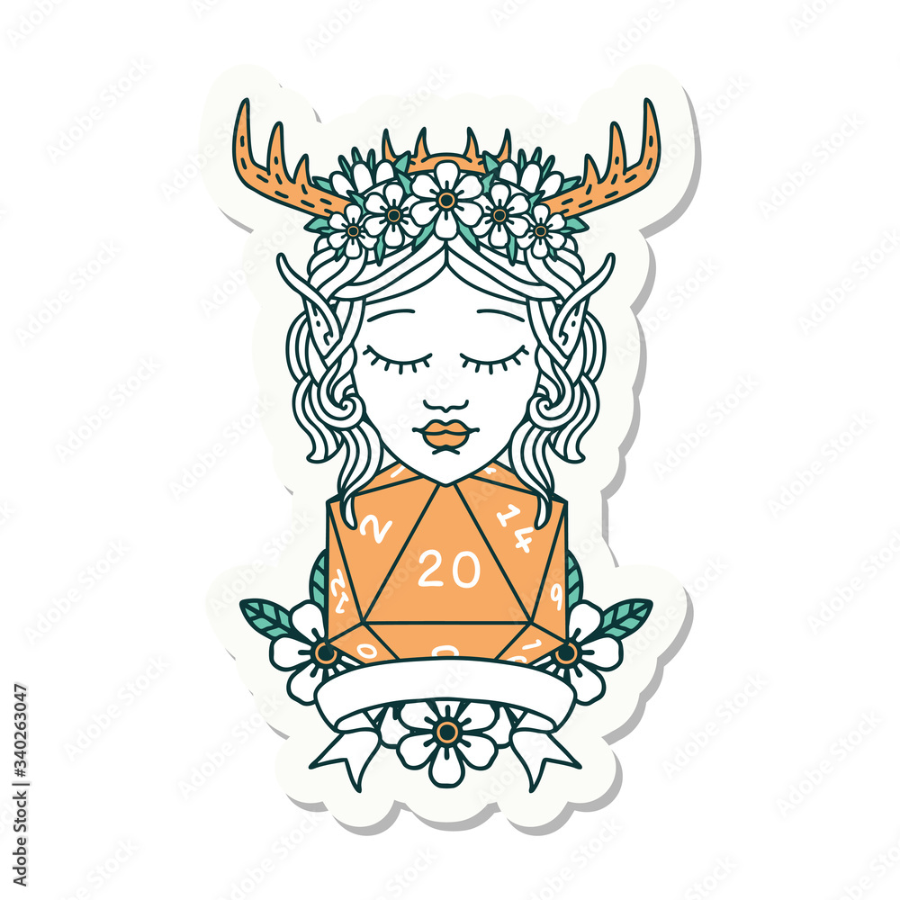 elf druid character with natural 20 dice roll sticker