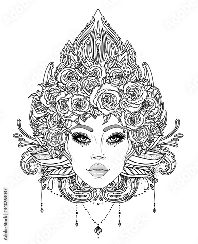Tribal Fusion Boho Diva. Beautiful Asian divine girl with ornate crown, kokoshnik inspired. Bohemian goddess. Hand drawn elegant illustration. Lotus flower, ethnic art, patterned Indian paisley.