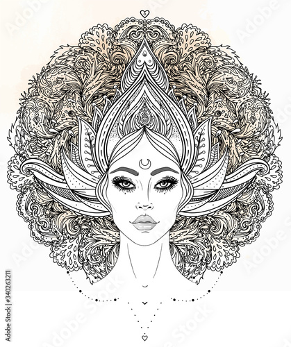 Tribal Fusion Boho Diva. Beautiful Asian divine girl with ornate crown, kokoshnik inspired. Bohemian goddess. Hand drawn elegant illustration. Lotus flower, ethnic art, patterned Indian paisley.