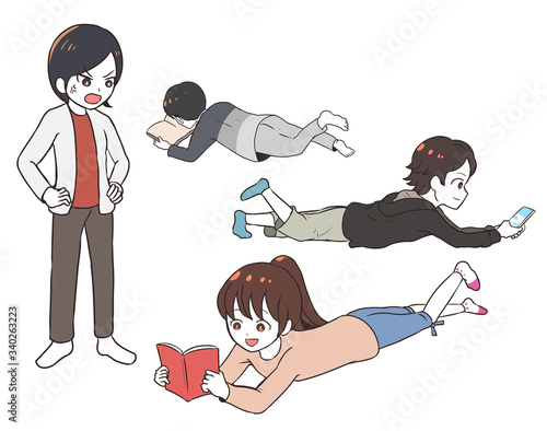 家でゴロゴロする子供を猛烈に叱る母親