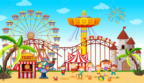 Themepark scene with many rides and happy kids