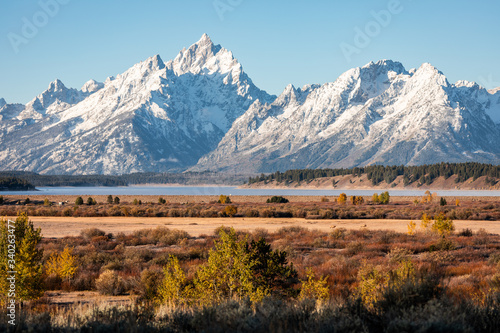 Grand Teton and Mount Moran beside Jackson Lake and Willow Flats.