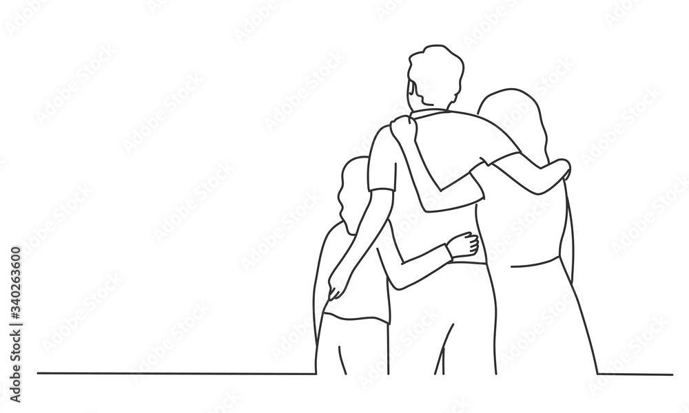 custom made wallpaper toronto digitalRear view of family. Man, woman, girl hugging. Line drawing vector illustration.