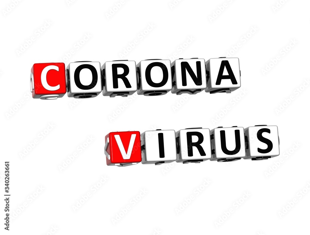 Coronavirus COVID-19. 3D red-white crossword puzzle on white background.