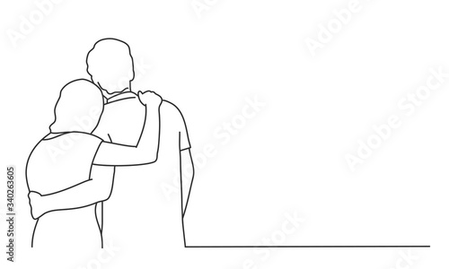 Line drawing vector illustration of couple hugging. Rear view.