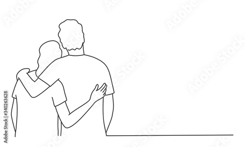 Line drawing vector illustration of couple hugging. Rear view.