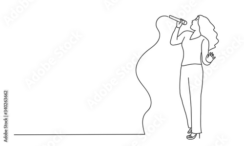 Girl with microphone. Lifestyle concept. Line drawing vector illustration.