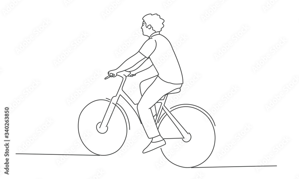 Fototapeta Guy riding a bike. Line drawing vector illustration.
