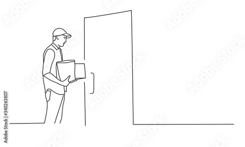 Delivery man at door with a box, paper bag. Line drawing vector illustration.