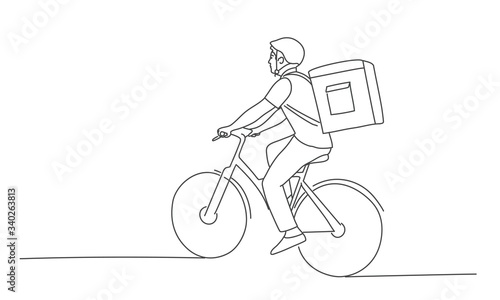 Line drawing vector illustration of delivery man on the bike.