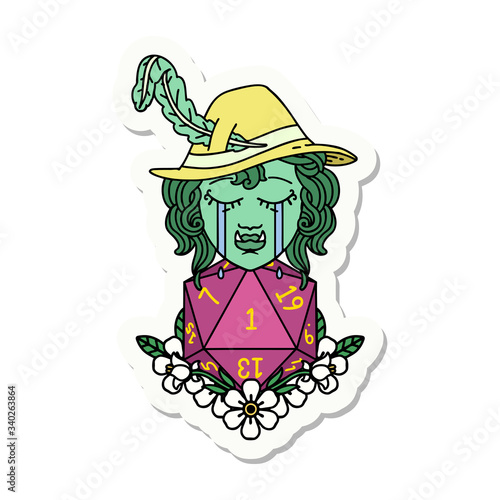 sad half orc bard character with natural one d20 roll sticker