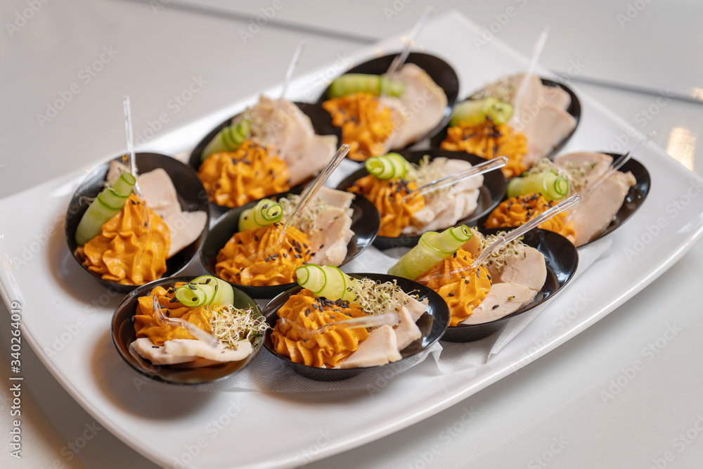 Chicken breast appetizer, with sprouted grains and sauce. Beautiful serve on the dish. Chicken breast appetizer, with sprouted grains and sauce. Beautiful serve on the dish.