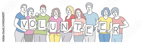 Group of men and women holding boards with volunteer. Hand drawn vector illustration.