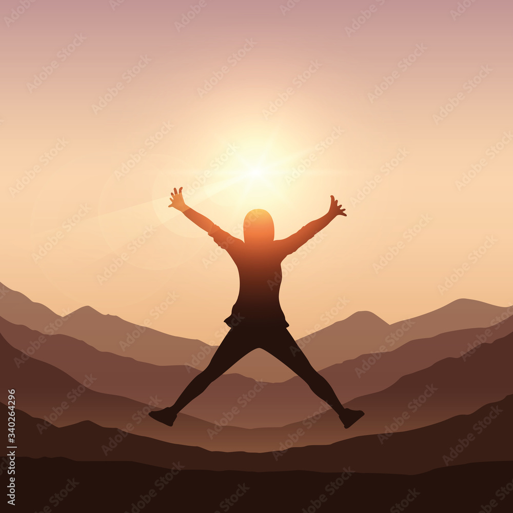 happy girl with raised arms jumps at mountain landscape vector illustration EPS10