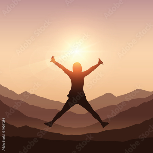 happy girl with raised arms jumps at mountain landscape vector illustration EPS10