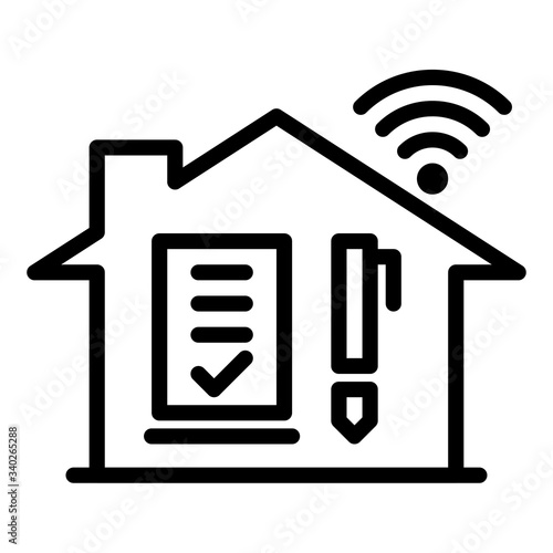 Vector is work at home outline icon with report paper,pen and internet wifi on white background.