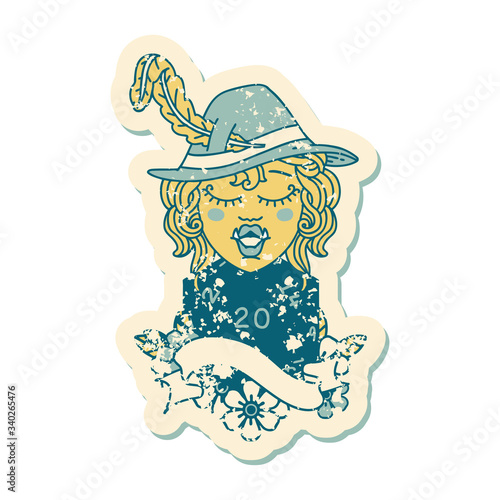 singing half orc bard character with natural twenty dice roll illustration