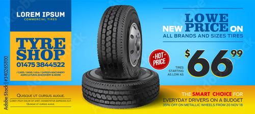 Tires For Sale. Discount tire. Print advertisement poster. Wheel. Black rubber tire. Realistic vector shining disk car wheel tyre. Aluminum wheel. Banner. Promo. Information. Store. Banner. Action.