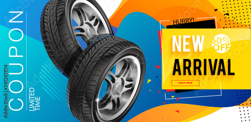 Tire shop coupon, discount. Voucher ticket card. Coupon on auto service and maintenance, tire repair, swapping wheel replacement, car diagnostics.  