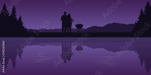 young couple makes a barbeque in the nature landscape by the lake vector illustration EPS10