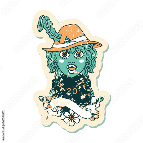 singing half orc bard character with natural twenty dice roll illustration
