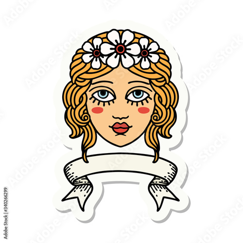 tattoo sticker with banner of female face with crown of flowers