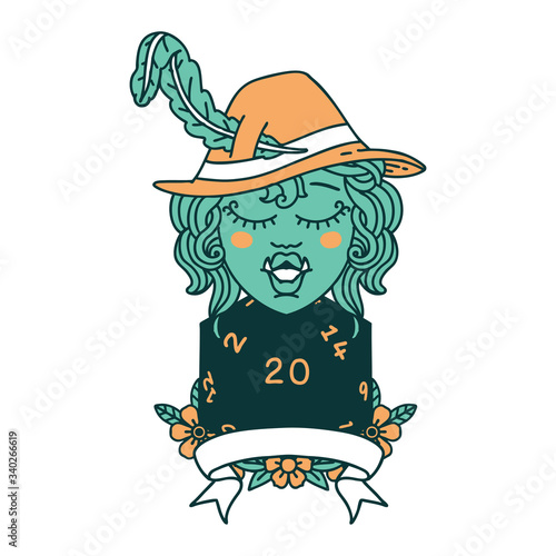half orc bard with natural 20 dice roll illustration